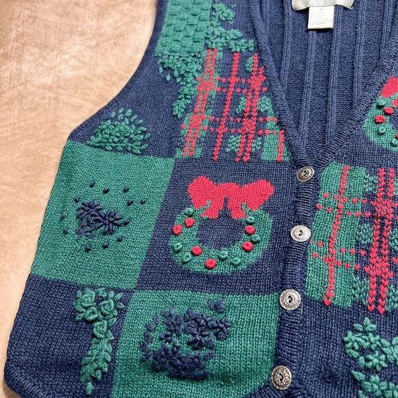 Vintage 90s Christopher & Banks Hand Embroidered Holiday Sweater Vest Christmas - Picture 4 of 6